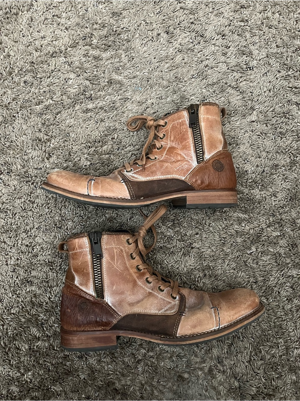 Hand Crafted Two-Tone Brown Leather Lace-Up Zip Ankle Boots